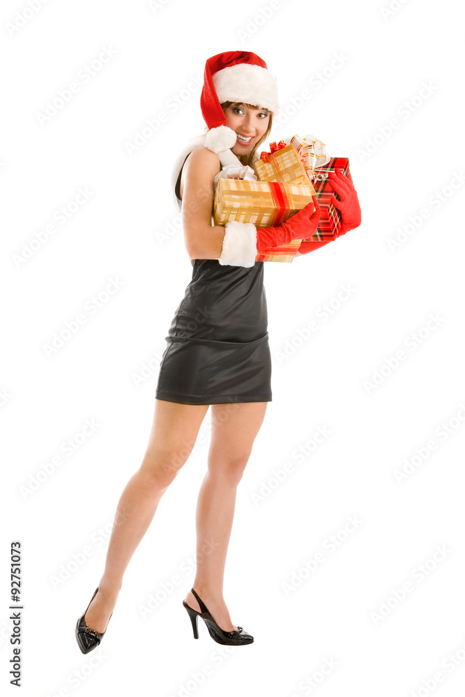 Pin-up Girl in a Santa Costume with Christmas Present Pin-up Girl in a Santa Costume with Christmas Present