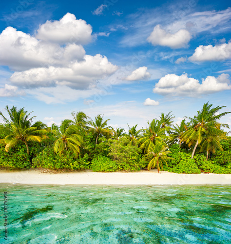 Sand beach with palm trees and cloudy blue sky. Tropical island