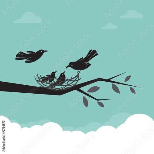 Family of birds that are feeding the baby, illustration.