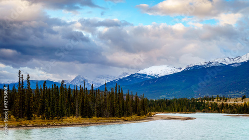 Sunrise over the mountains around the town of Jasper in the Canadian Rocky Mountains on a nice September morning