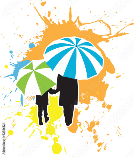 Adult And Child Under Umbrellas