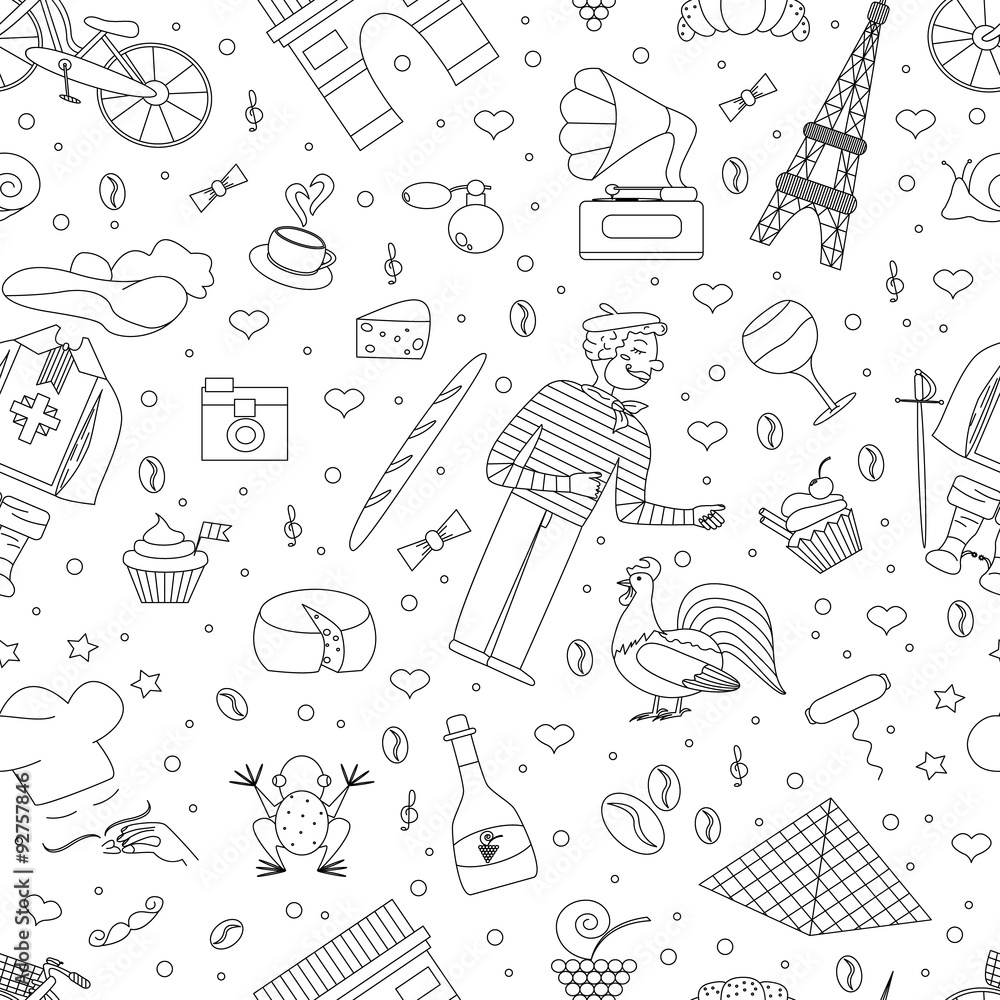 Seamless patternof thematic elements of France Seamless patternof thematic elements of France