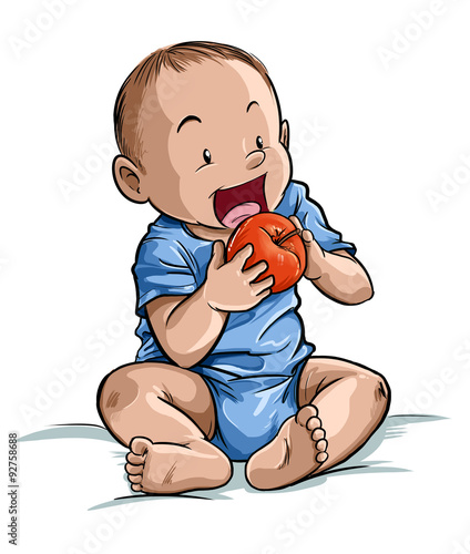 Bebe pequeño sosteniendo y comiendo una manzana primeros alimentos photo