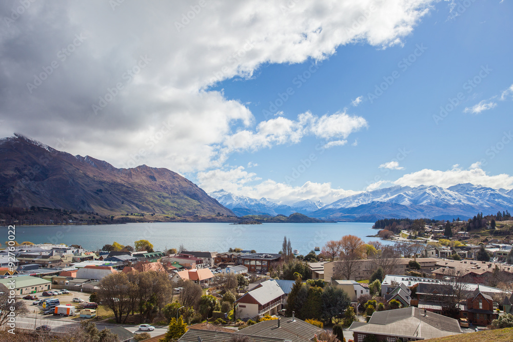 beautiful top view land scape of lake wanaka town in cloudy day
