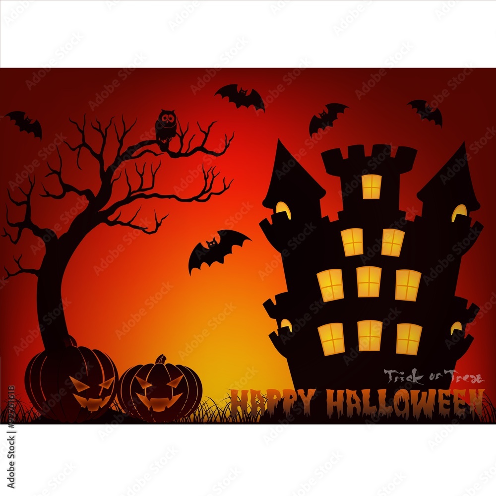 Happy Halloween vector illustration with pumpkin, bat, castle, tree and cemetery