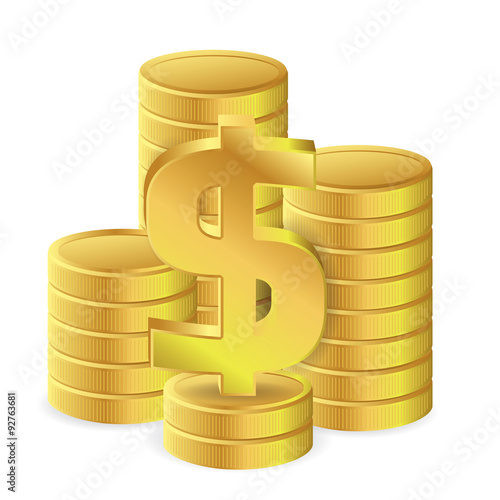 gold dollar sign and gold coins on white background. business concept vector