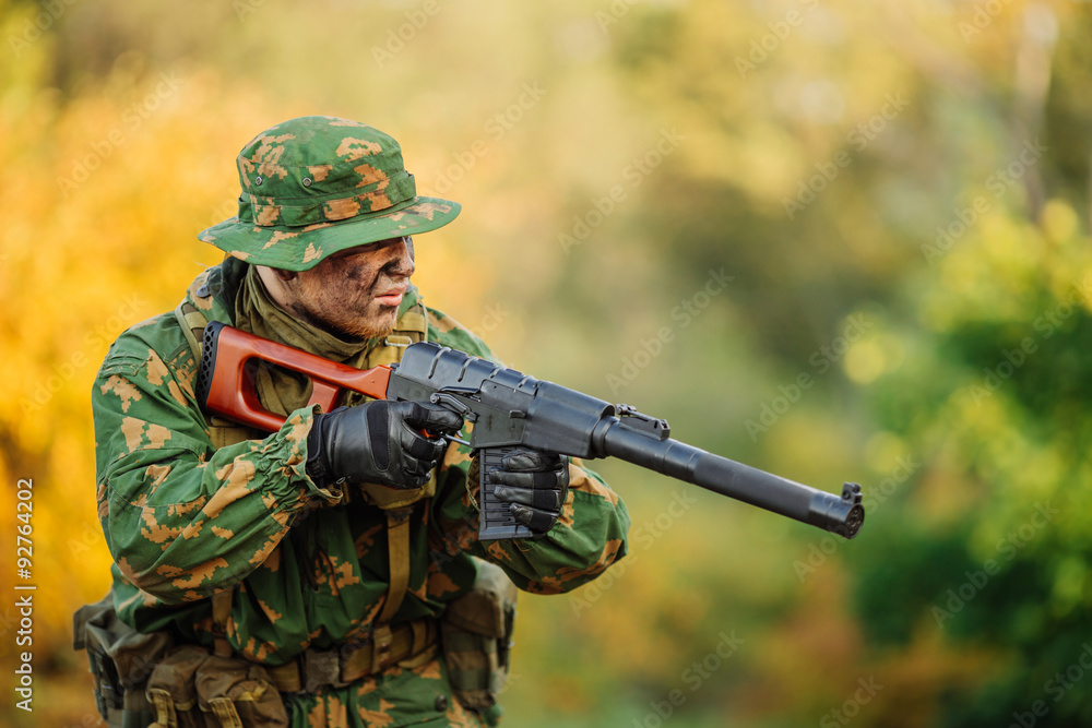 russian soldier in the battlefield with a rifle