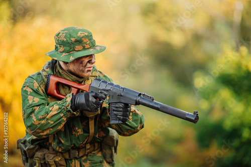 russian soldier in the battlefield with a rifle