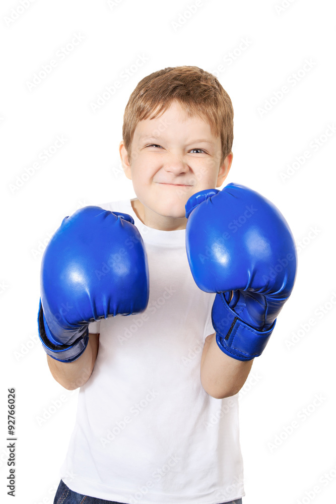 Boy in blue boxing gloves, isolated on white background. Boy in blue boxing gloves, isolated on white background.