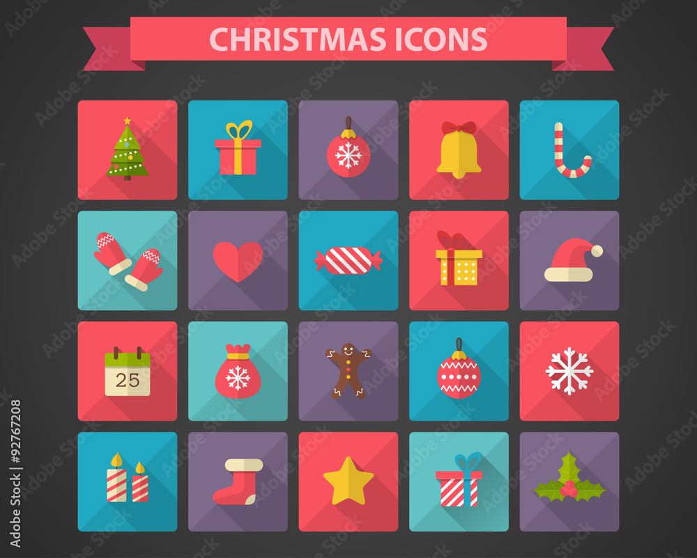Christmas flat icons with long shadow effect