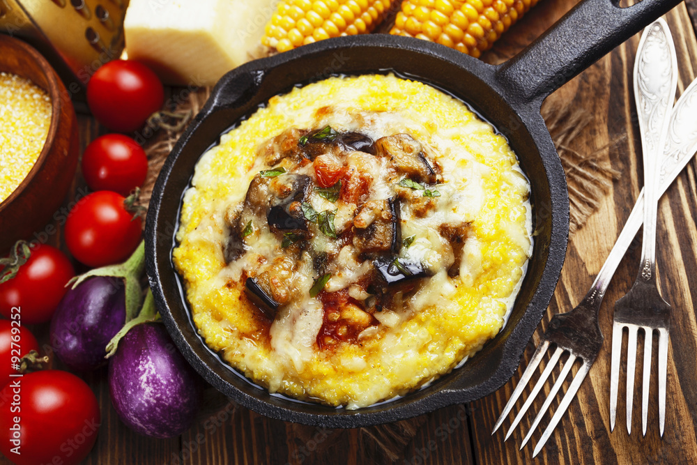 Polenta baked with vegetables and cheese