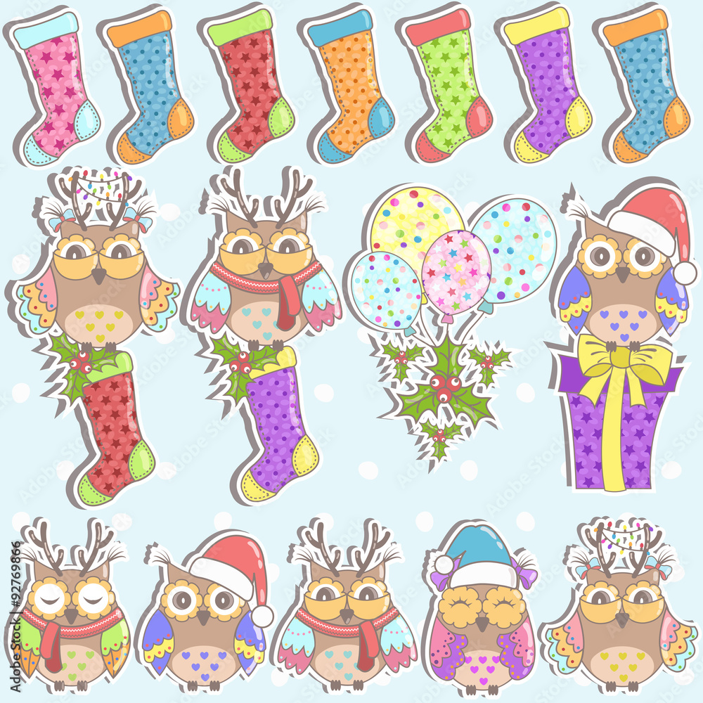 Christmas set of owls, gifts, Christmas socks and balloons Christmas set of owls, gifts, Christmas socks and balloons