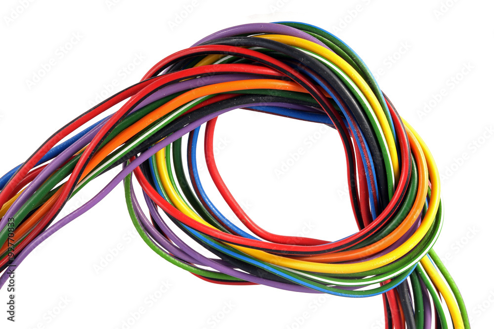 Close up photo of multicoloured wire on a white background.