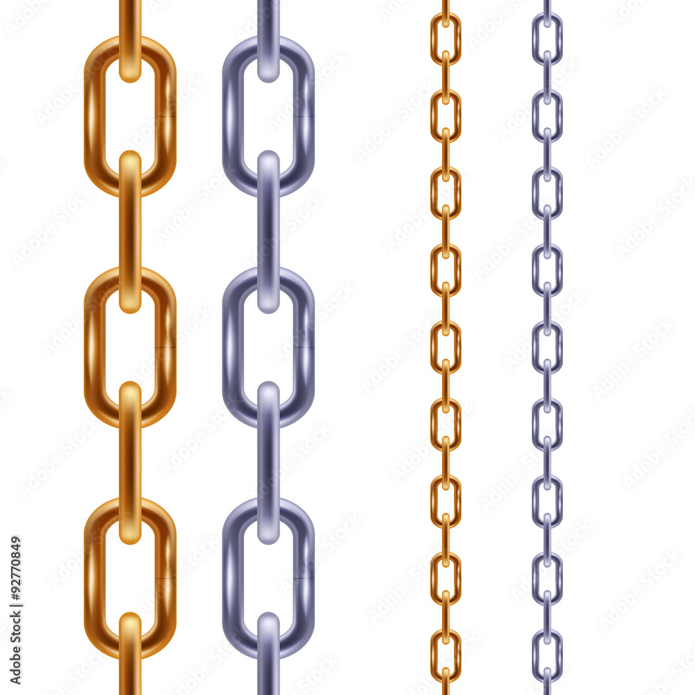 Realistic golden and steel chains seamless borders.