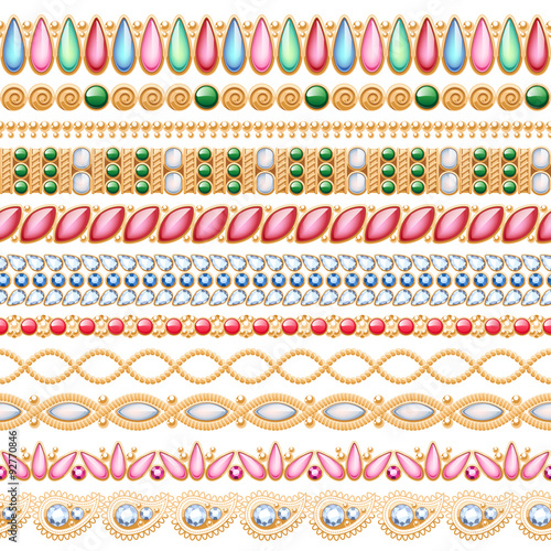 Colorful gemstones seamless horizontal borders set.