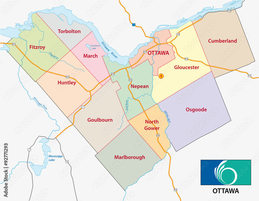 ottawa administrative map with flag