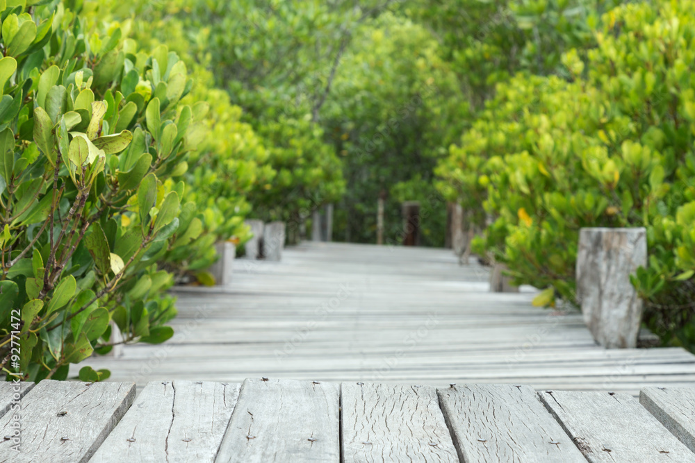 wooden bridge walkway in mangrove forest, selective focus.