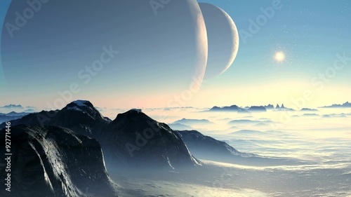 Two moon and Alien Planet. Two huge planet  is slowly moving in the starry sky. In the distance, the bright star. Underneath the stone rocky desert alien planet. 
