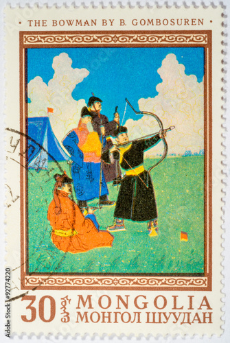 stamp printed in Mongolia shows "Archers" by B. Gombosuren, circa 1968
