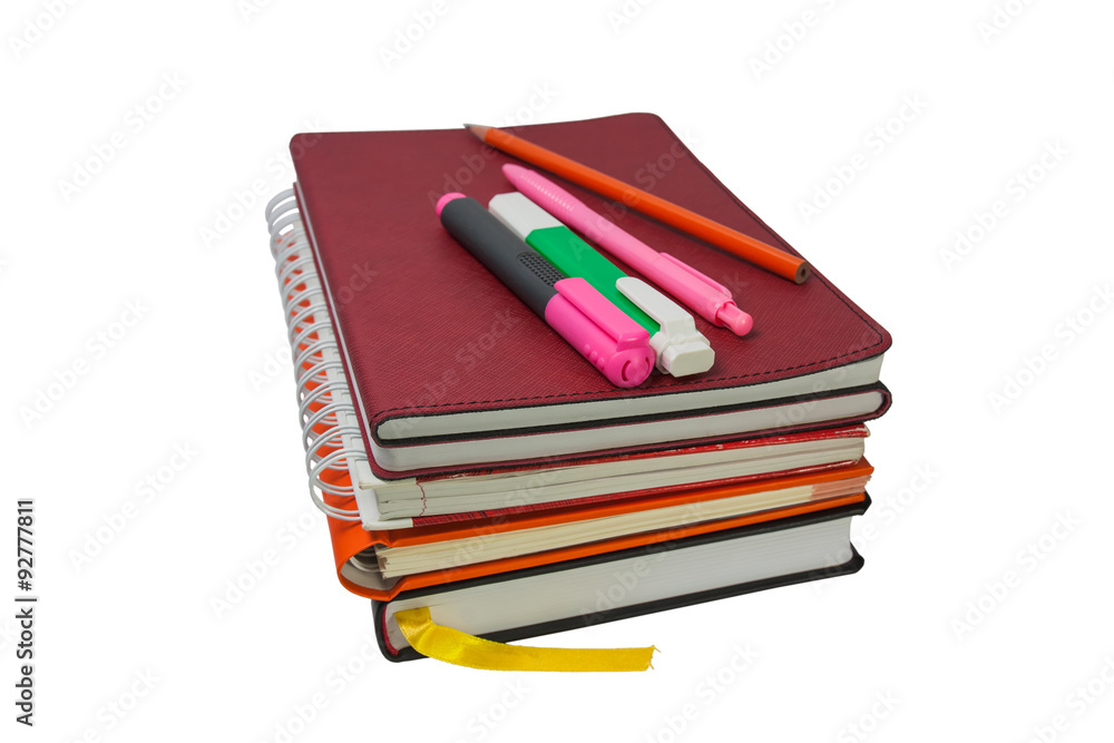Stack of books and stationery, Isolated on white background. Stack of books and stationery, Isolated on white background.