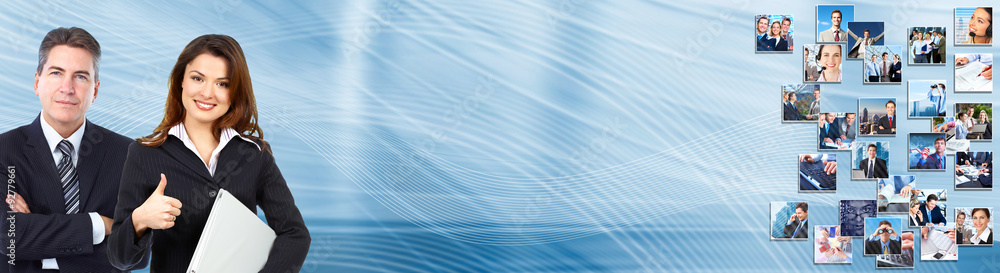 Business man and woman over urban background.