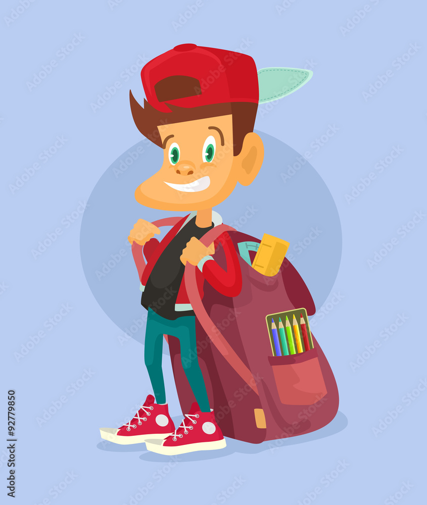 Kid ready to go back to school. Vector flat illustration