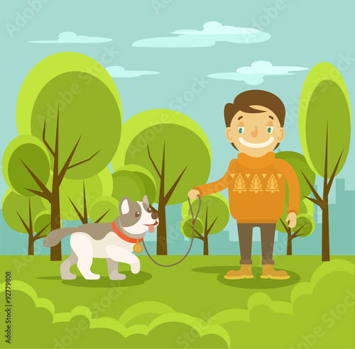Vector boy with dog. Vector flat illustration