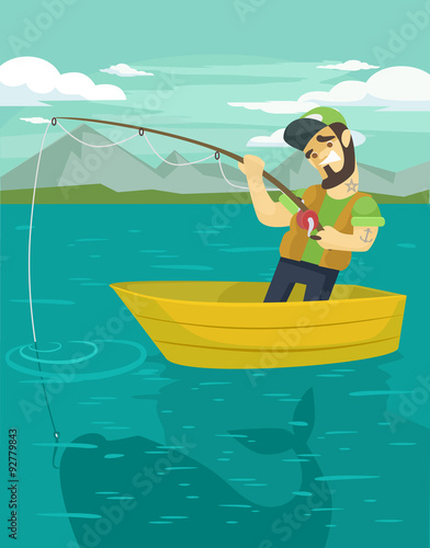  Fisherman catching a big fish. Vector flat illustration