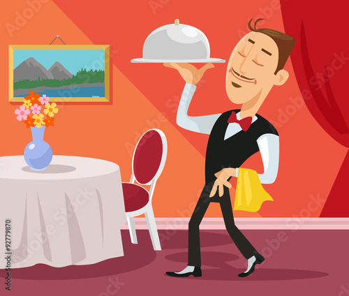 Waiter serving. Vector flat illustration