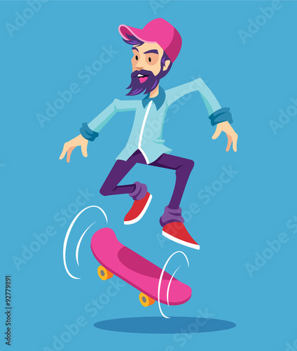 Hipster character on longboard. Vector flat cartoon illustration