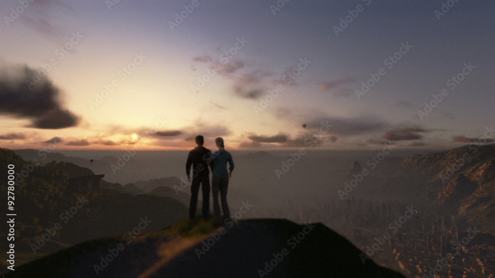 Couple on top of the mountain, timelapse sunrise, camera fly Couple on top of the mountain, timelapse sunrise, camera fly