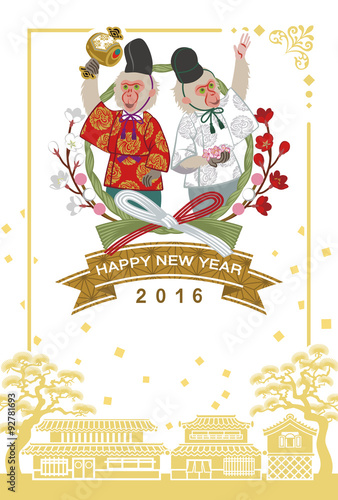 Japanese dressed two monkeys - Japanese new year card