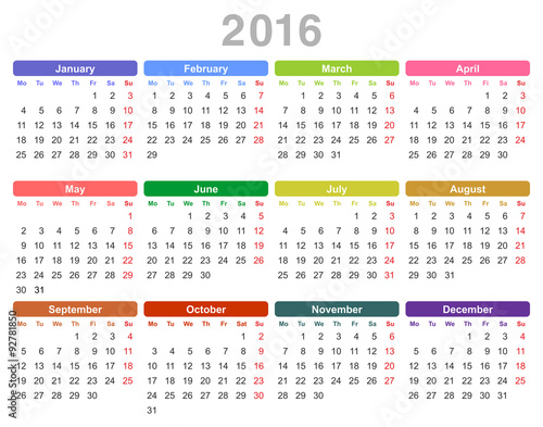 2016 year annual calendar (Monday first, English)
