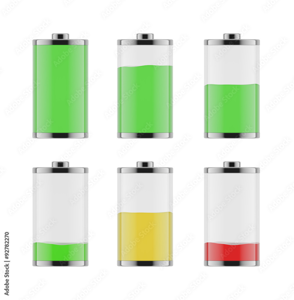 An illustration of the six batteries with different level of charge from low to full. On white background. An illustration of the six batteries with different level of charge from low to full. On white background.