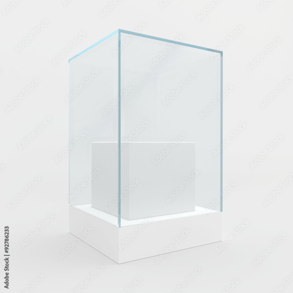 Empty glass showcase for exhibit. gray background Empty glass showcase for exhibit. gray background