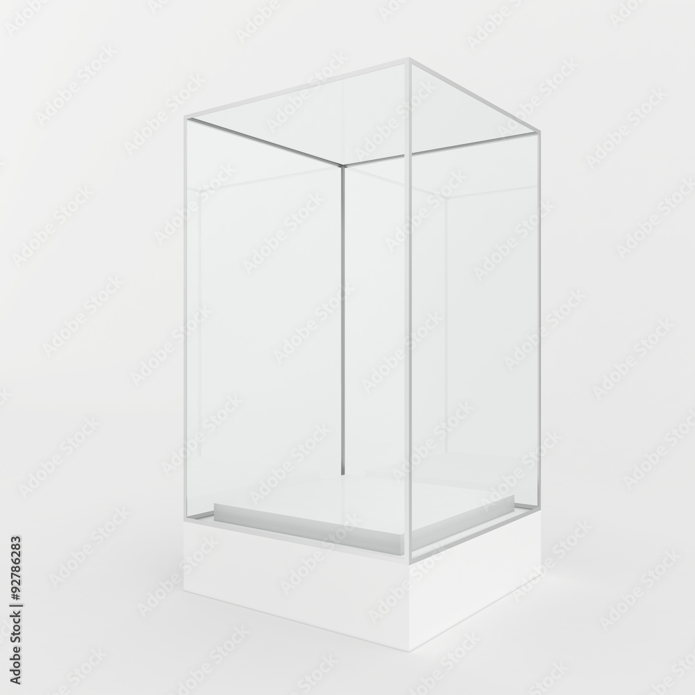 Empty glass showcase for exhibit. gray background Empty glass showcase for exhibit. gray background