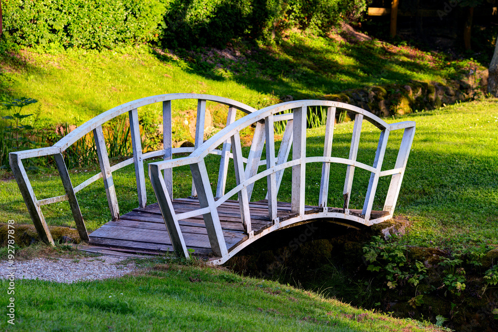 Beautiful tiny bridge over the small pond. Central park of Sveksna town, Lithuania.