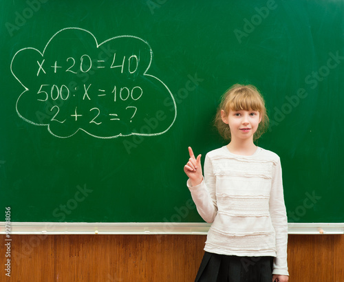 Scoolgirl standing in class near a green blackboard photo