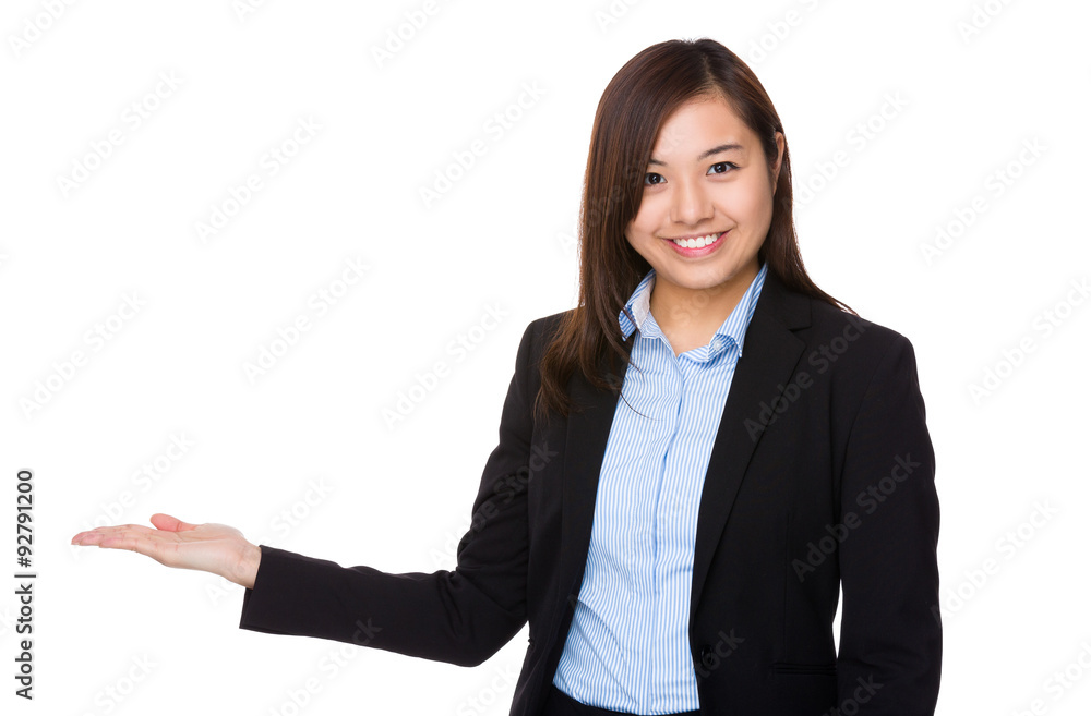 Asian Young businesswoman with open hand palm Asian Young businesswoman with open hand palm