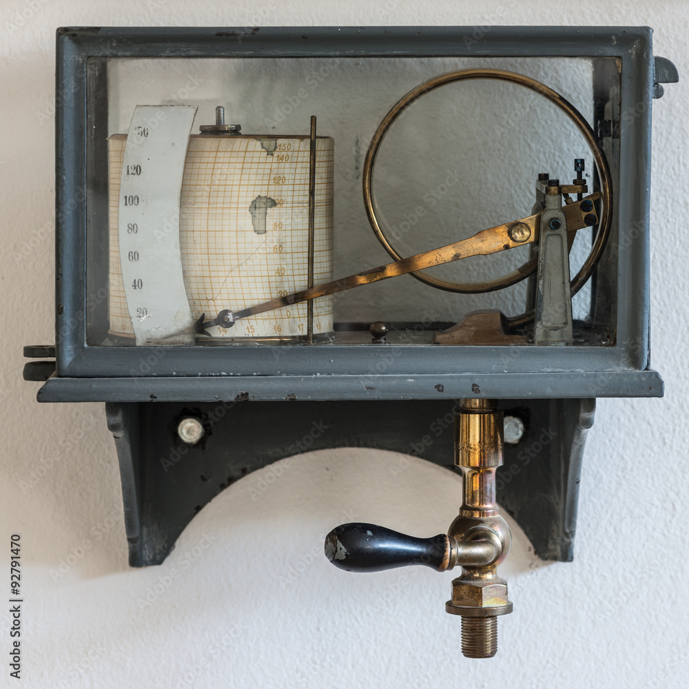 old retro hygrometer weather station at wall Photos Adobe Stock