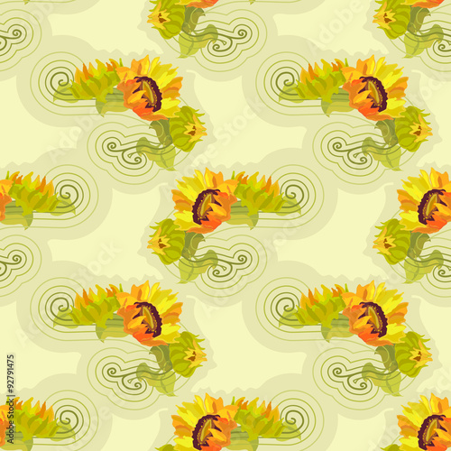 Sunflowers yellow seamless background with green leafs.