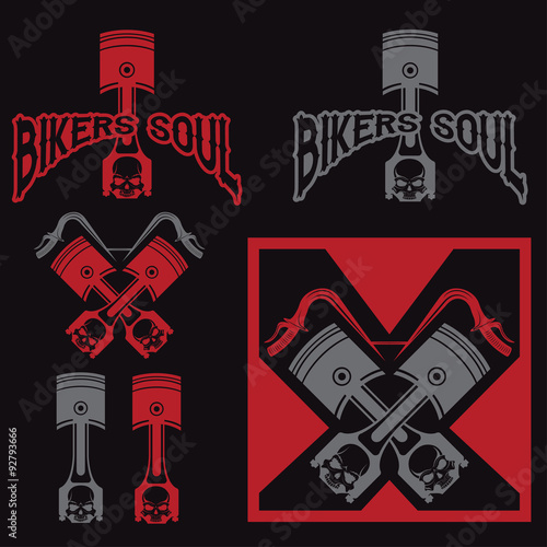 biker theme labels with pistons and skulls