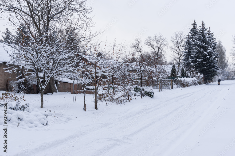 Snowy street of small village at winter season, central Ukraine
