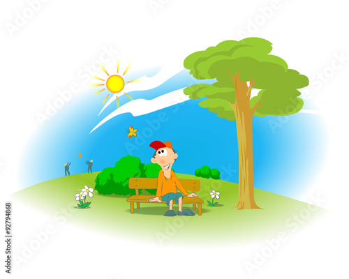 Summer day in the city park. Illustration of a boy sitting on a bench in a city park with trees, flowers, butterfly and with people playing ball and sun with blue sky in the background. Poster. Vector