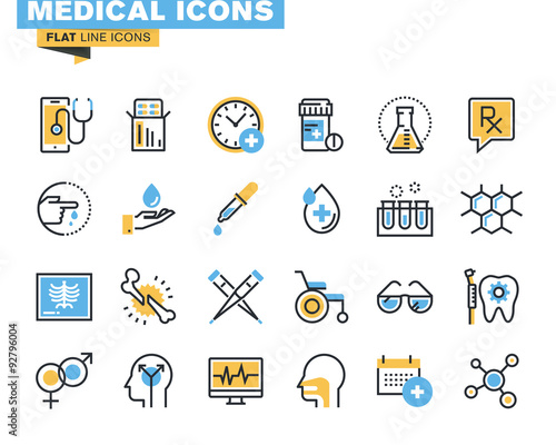 Flat line icons set of medical supplies, healthcare diagnosis and treatment, laboratory tests, medicines and equipment. Vector concept for graphic and web design.