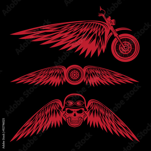 biker theme labels with wheel,bike and skulls with wings