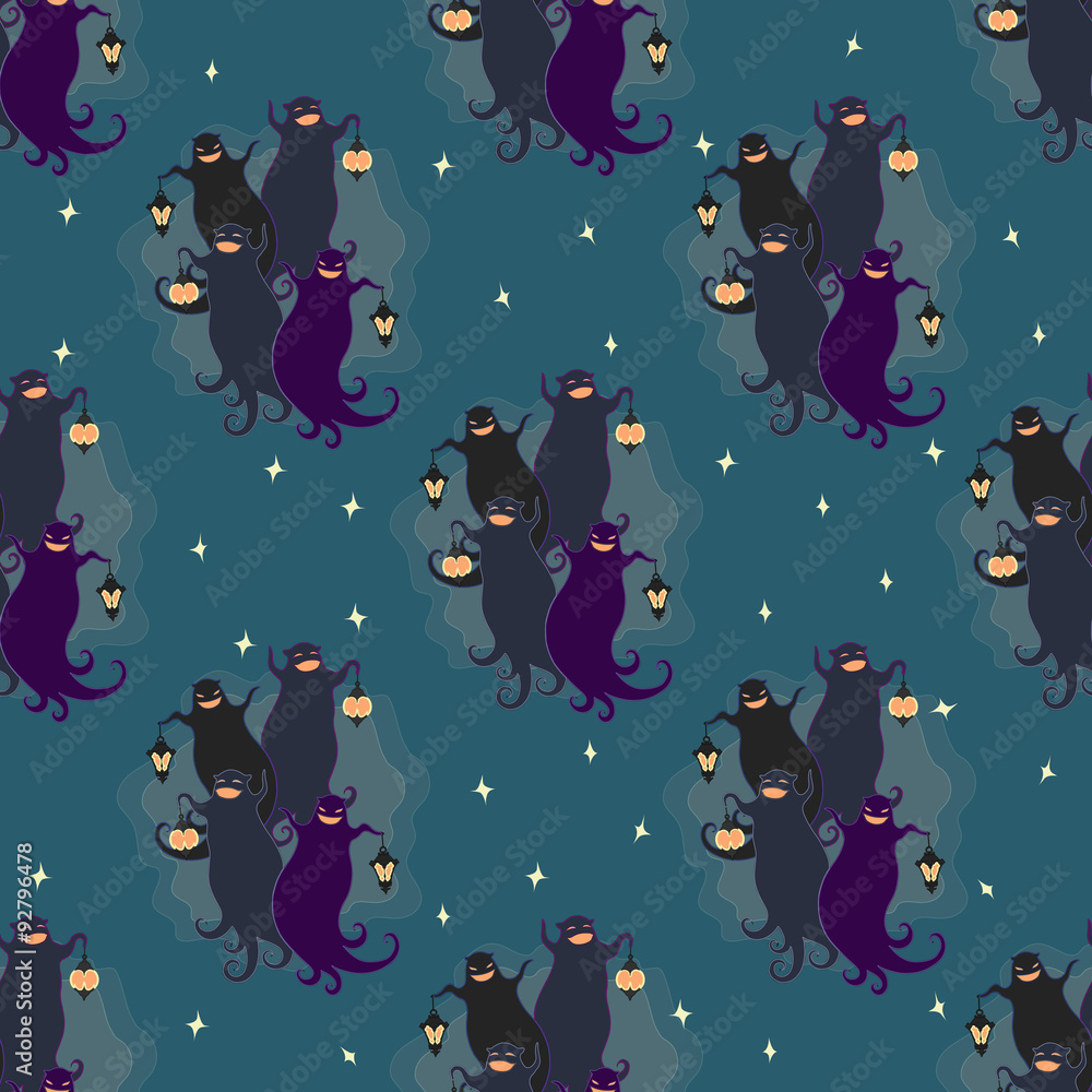 Ghosts party seamless pattern 2. Vector illustration of two dancing funny ghosts with small lanterns in hands.