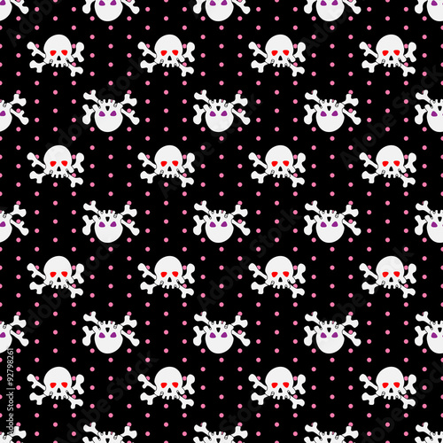 Skulls seamless pattern. Illustration of skulls with shining eye-sockets and crossbones on dark dotted background.