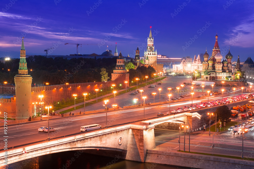 Night aerial panorama to Bolshoy Moskvoretsky Bridge, Vasilevsky Descent, towers of Moscow Kremlin, Saint Basil Cathedral and Moskva river