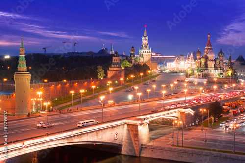 Night aerial panorama to Bolshoy Moskvoretsky Bridge, Vasilevsky Descent, towers of Moscow Kremlin, Saint Basil Cathedral and Moskva river